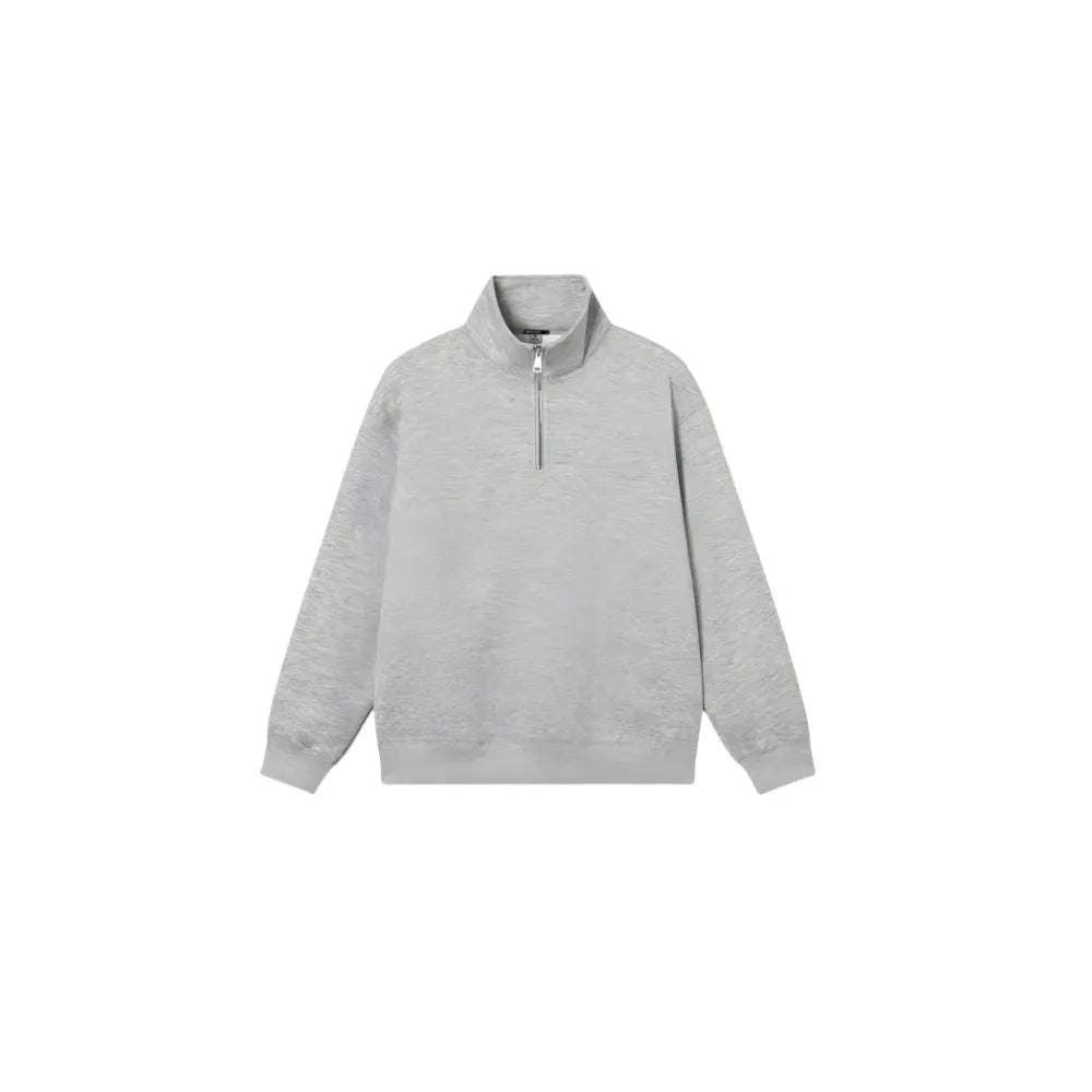 Grey cotton half zip stand collar sweater with long sleeves on mannequin