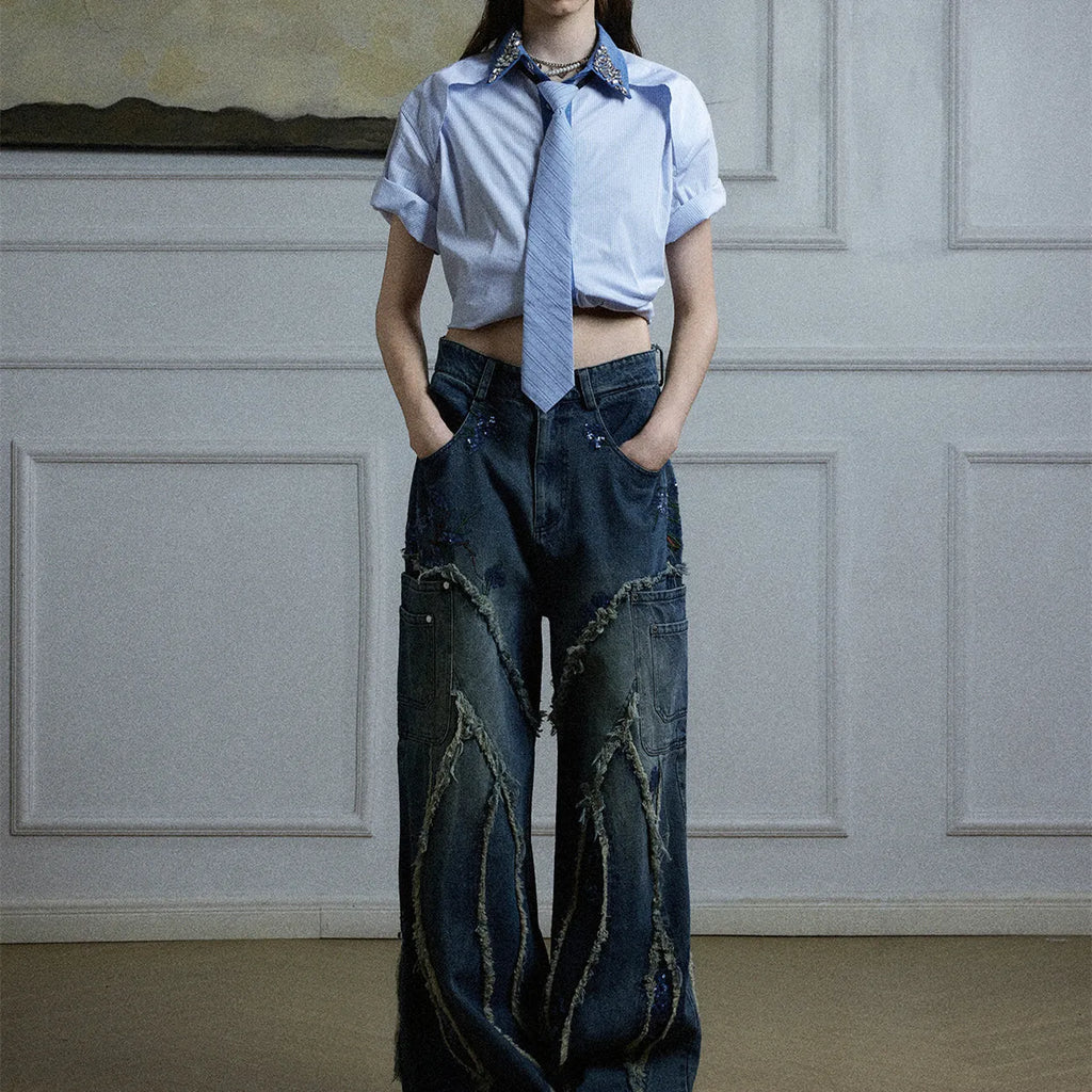 Men's blue and khaki diamond tie dual-colour patchwork striped loose fit shirt with flip collar