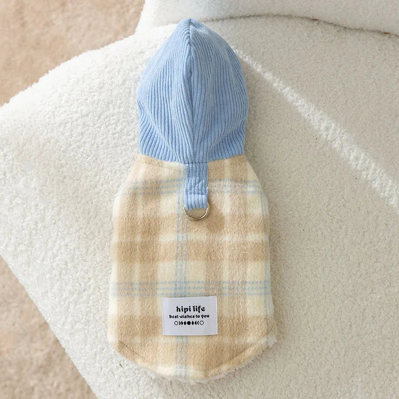 Blue corduroy dog hoodie vest with chessboard grid pattern and attached hood featuring traction details
