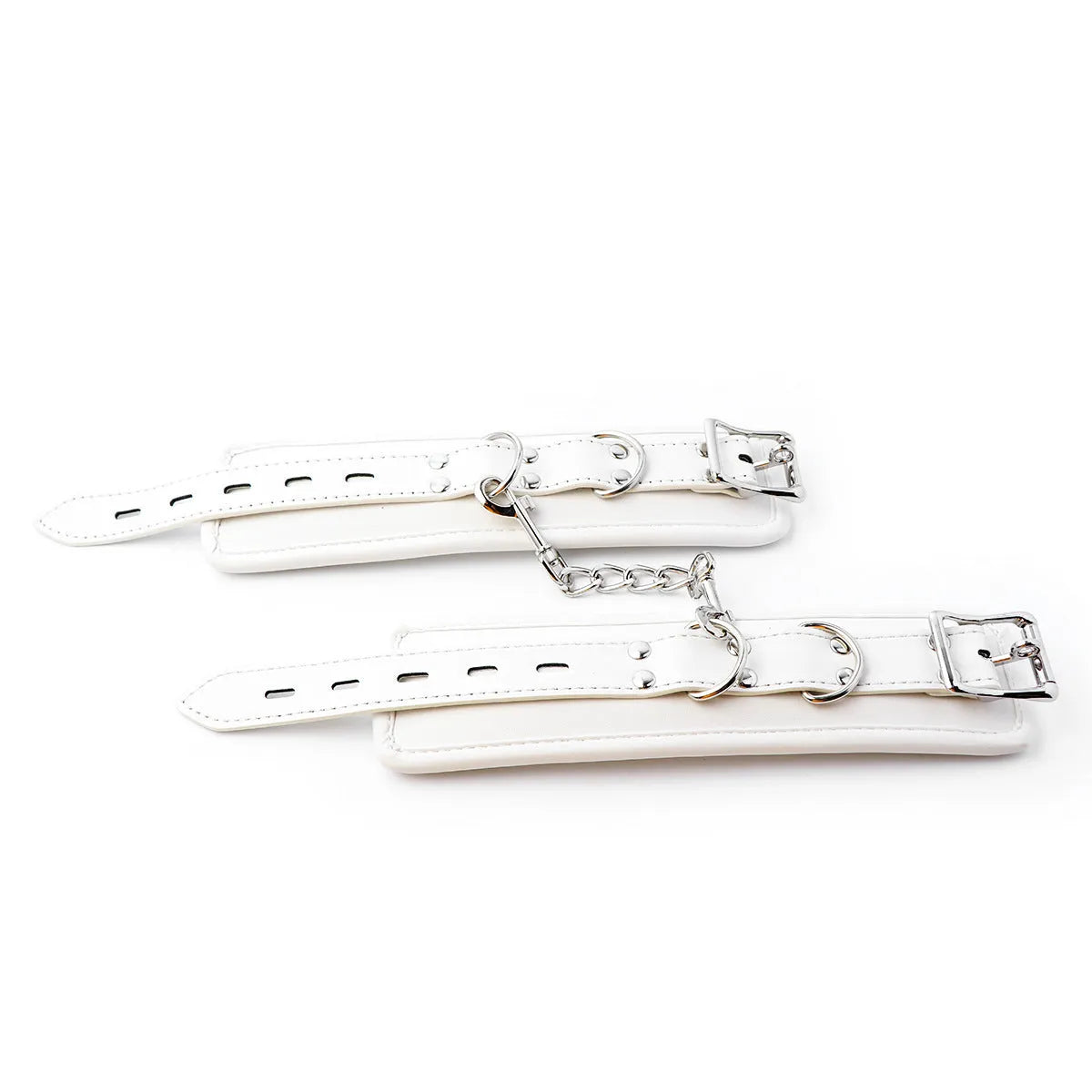 White PU sponge bondage set showing ankle bracelet, handcuffs, footcuffs, and a neck scarf.