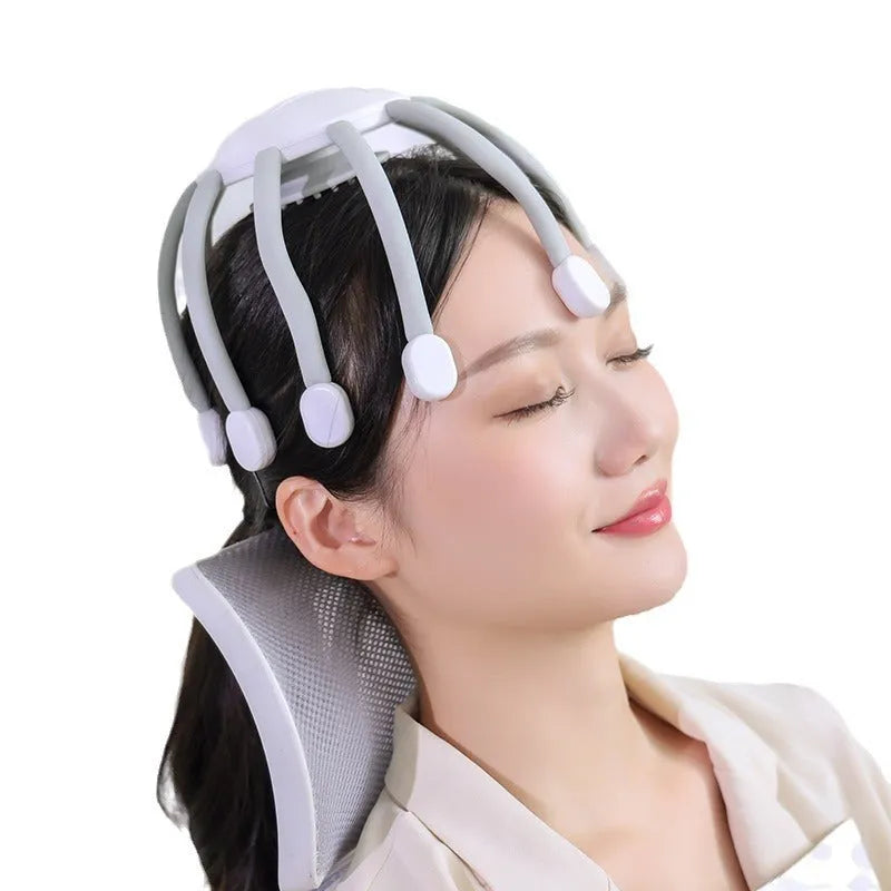 Black eight-claw electric head massager with USB cable on white background.