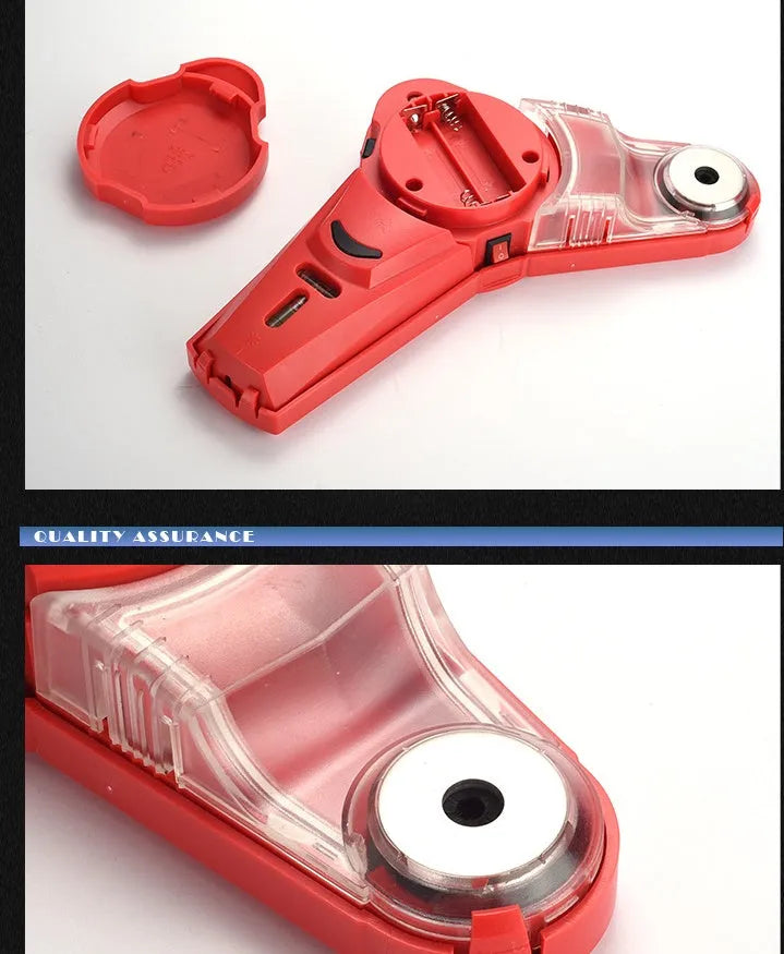 Red portable laser positioning level with punching features for woodworking and decoration tasks.