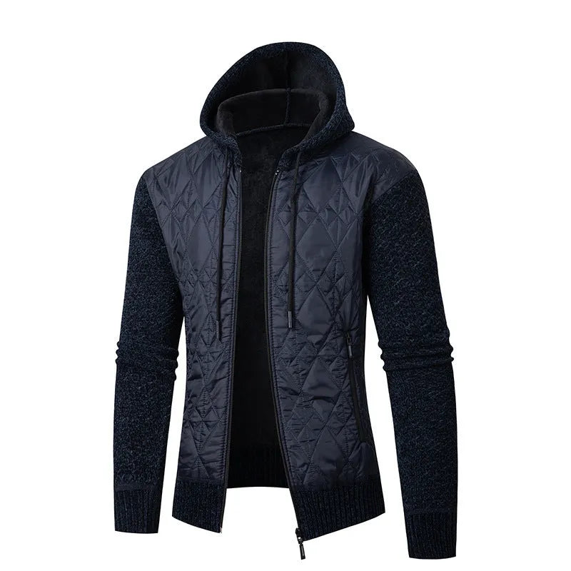 Grey men's hooded corduroy sweater coat with cinched waist, shown on a model.