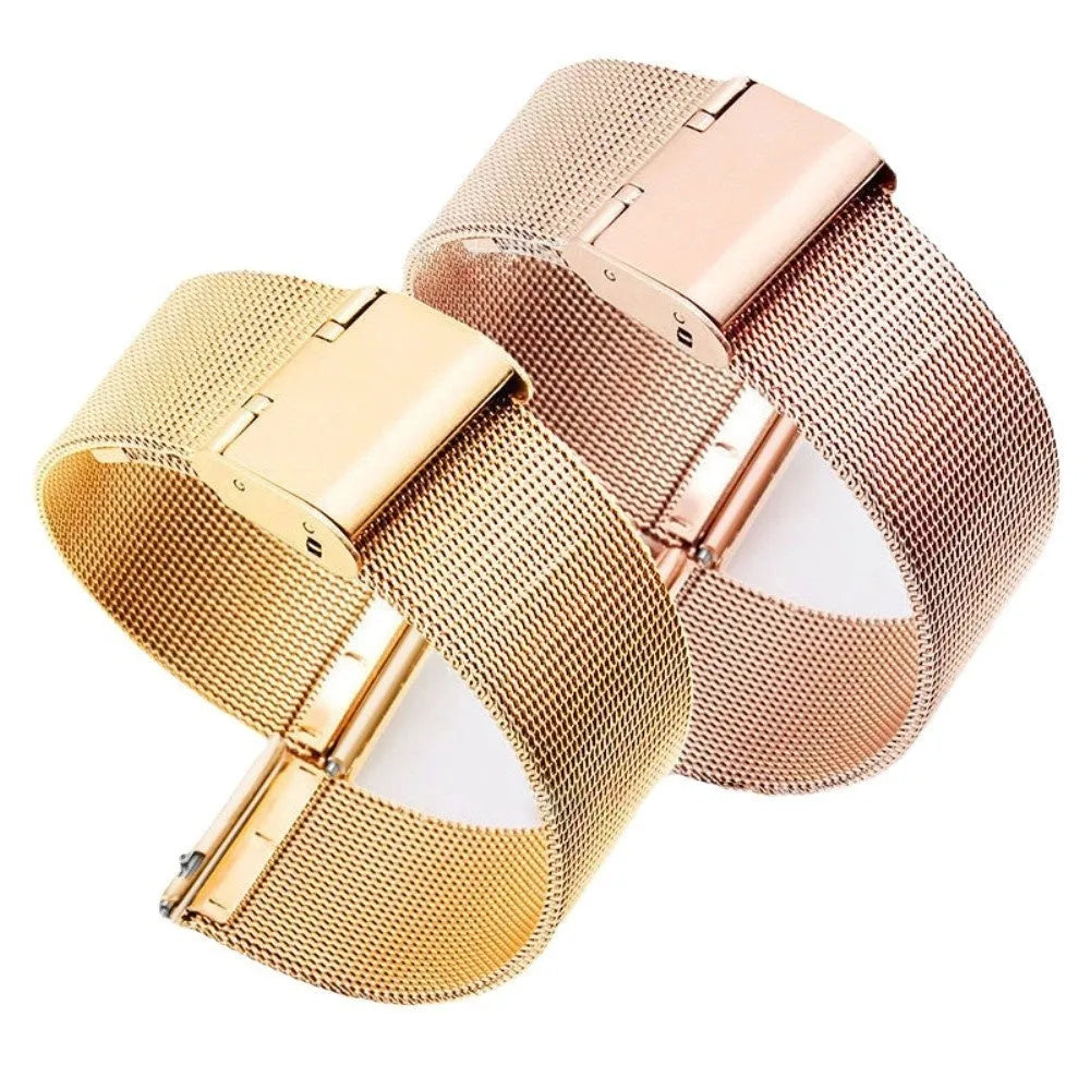 Milani silk woven stainless steel watch strap in silver, black, rose gold, and gold colours showing different width sizes.