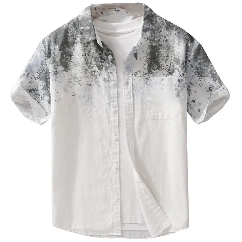 Man wearing a loose-fit grey hanging-dyed pure cotton short sleeve casual shirt.