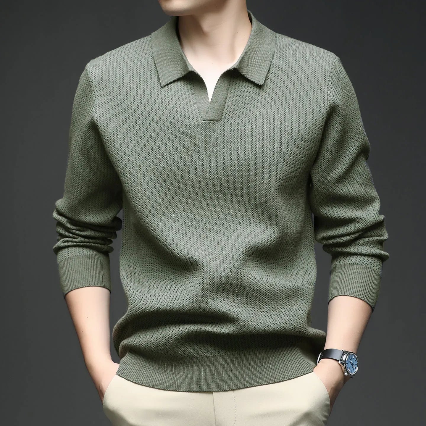 Men's loose fit casual pullover sweater in green colour showing front view