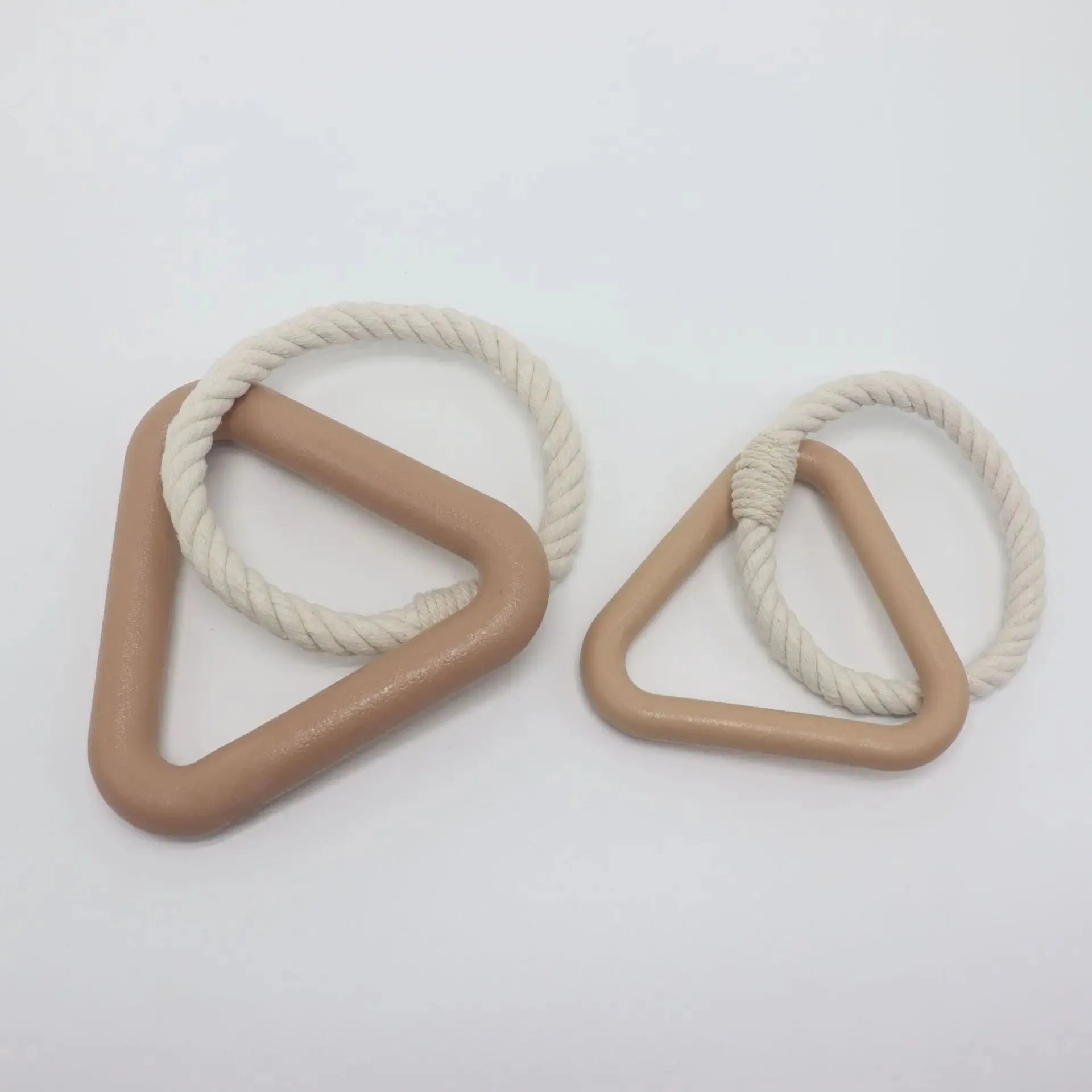 Large triangular cotton rope pull ring dog toy in beige, pink, and purple colour options