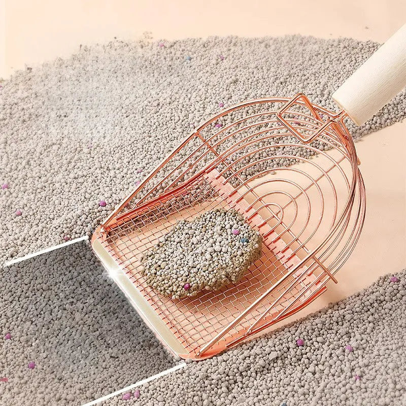 Stainless steel cat litter shovel with a long wooden handle