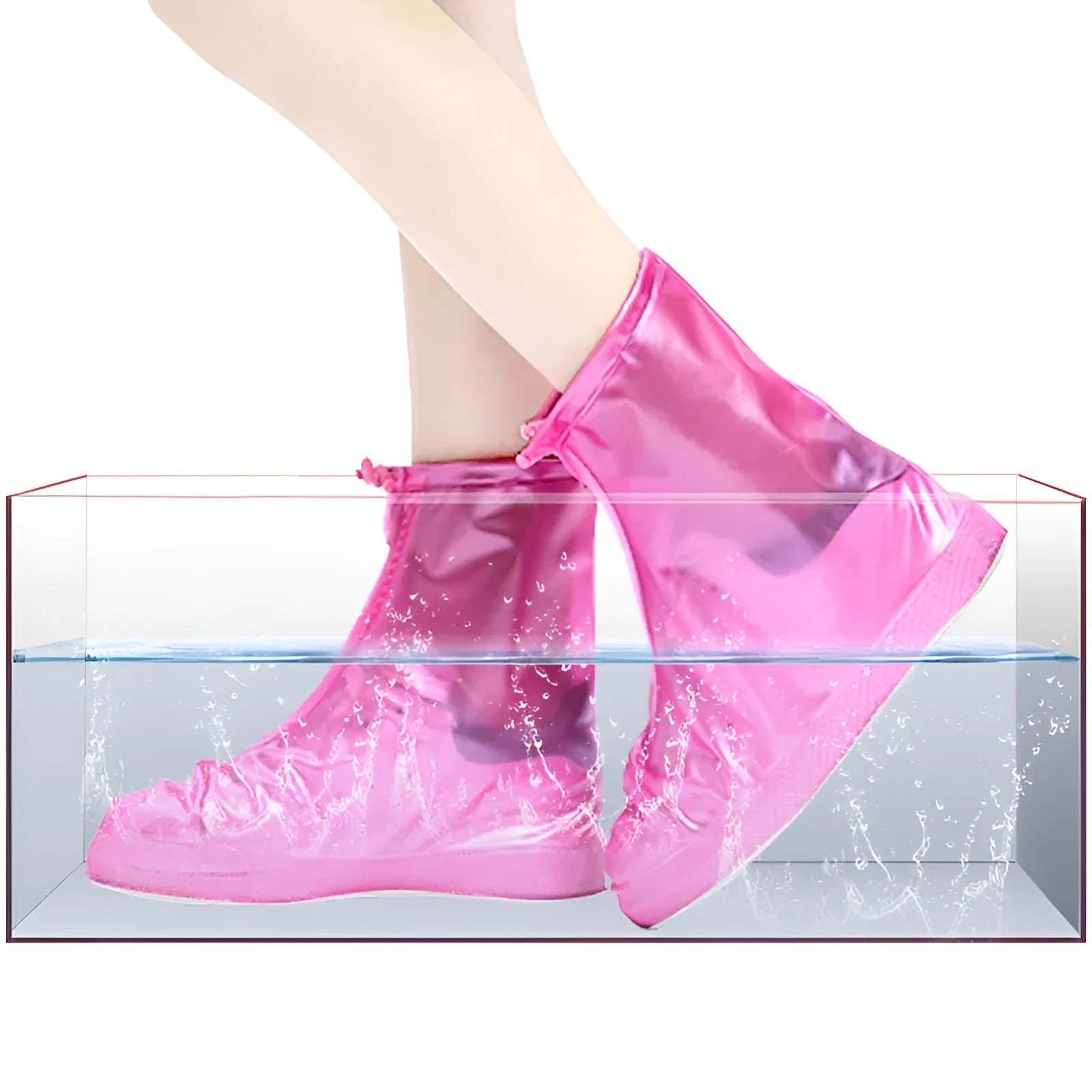 Waterproof PVC shoe covers in transparent dot white, non-slip sole, adult size, lying on a dry surface