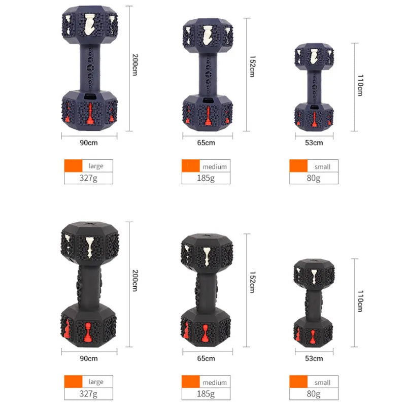 Durable dumbbell-shaped dog chew toy with textured surface and hollow ends for treats in black or blue