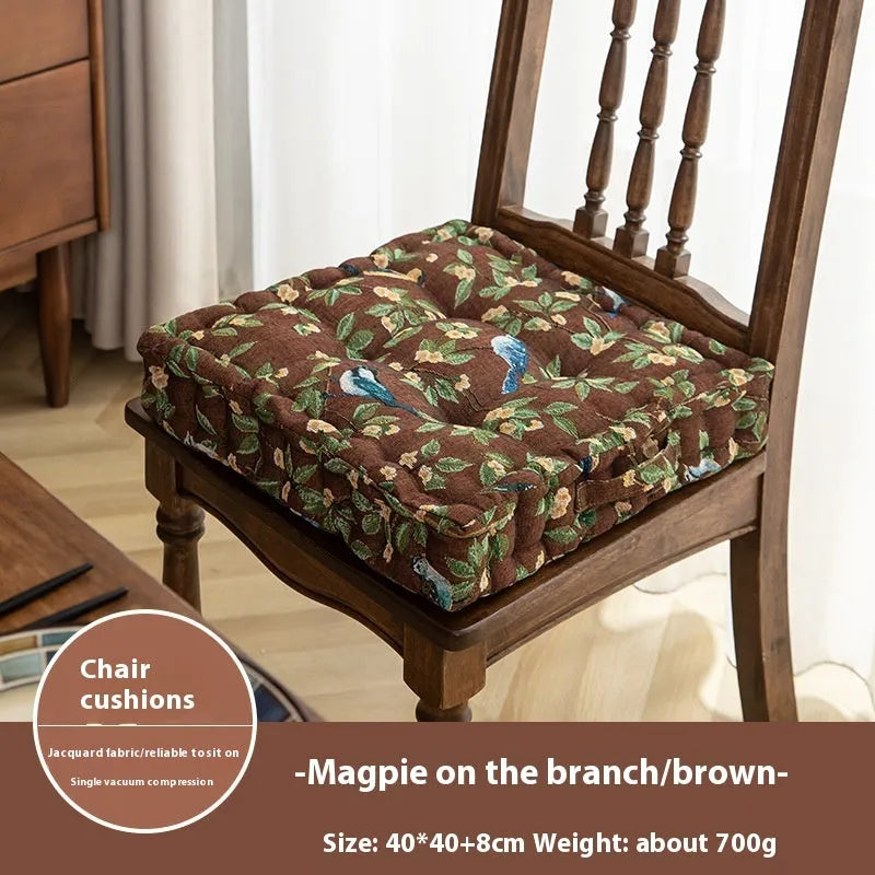 American-style square seat cushion in apricot colour with floral pattern, showing 8cm thickness.