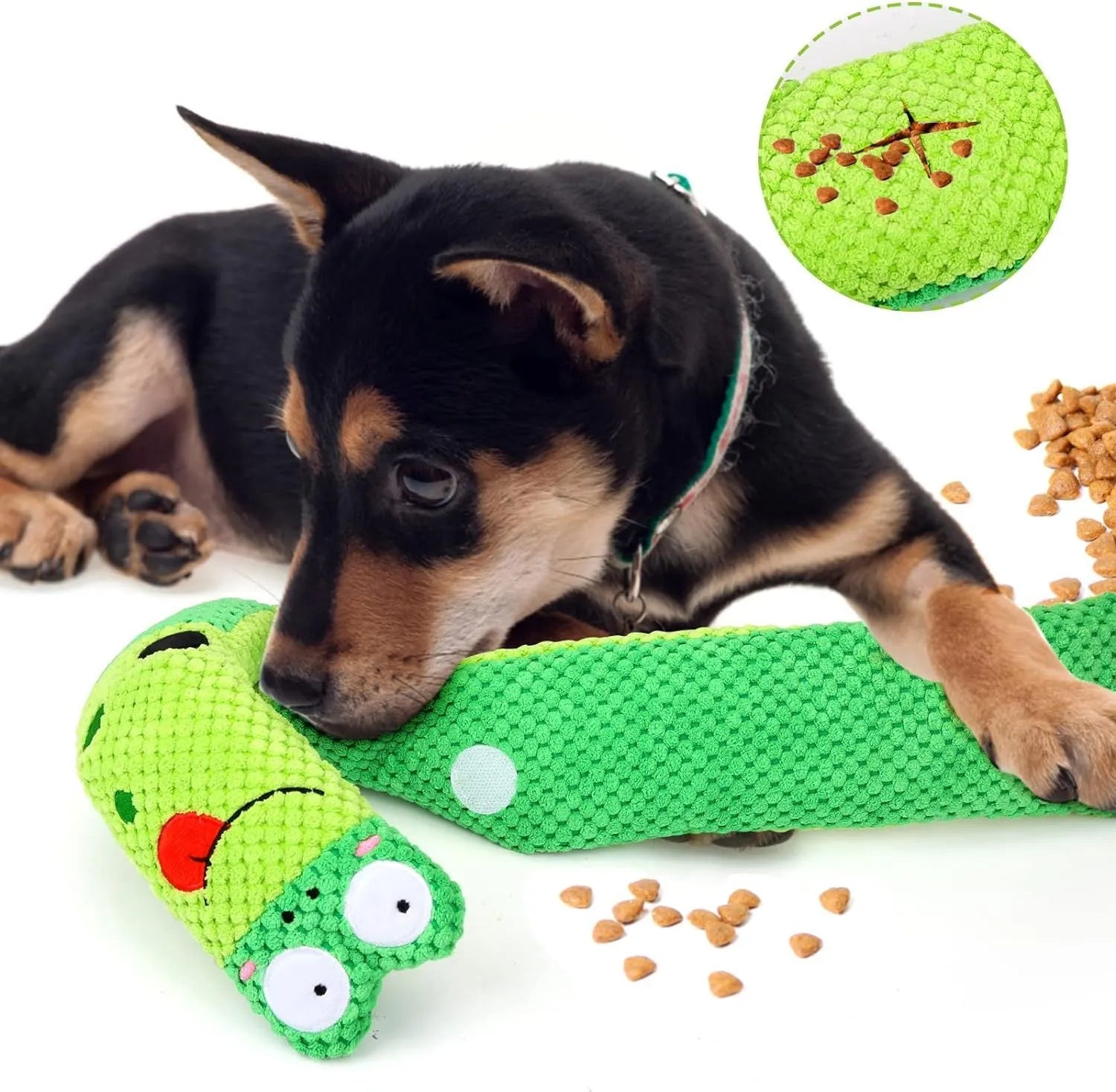 Interactive squeak dog toy in snail shape with thick velvet fabric, unfolds into a stick.