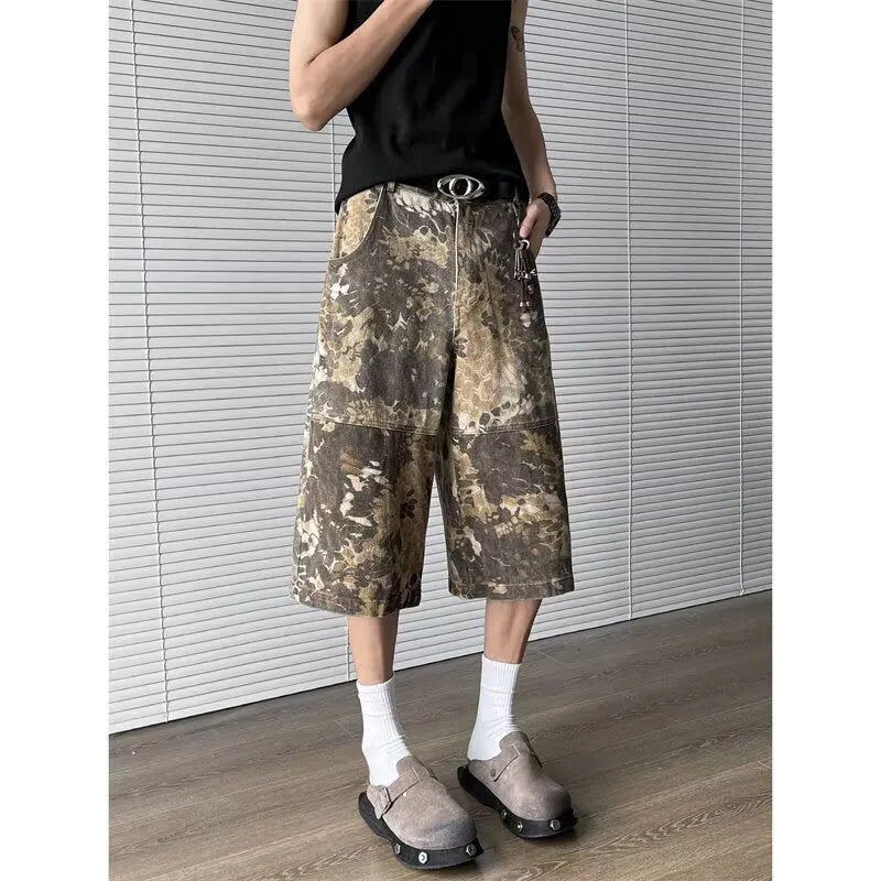Yellow snake pattern camouflage cropped jeans on hanger