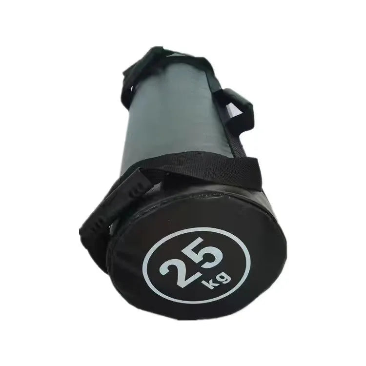 PVC fitness training sandbag in flat white leather finish showing weight specifications from 5kg to 30kg