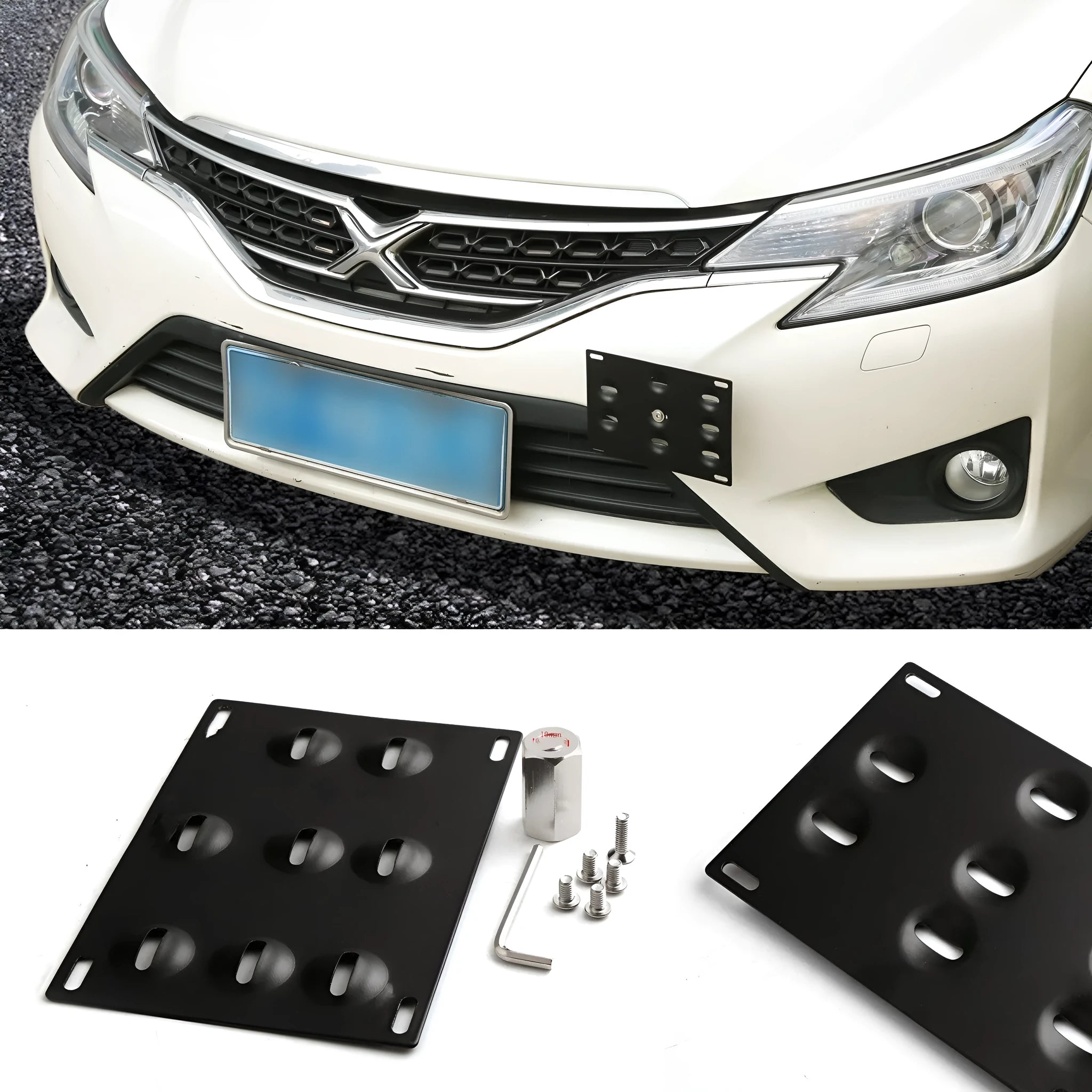 American-style metal car licence plate frame with an integrated central trailer hook.