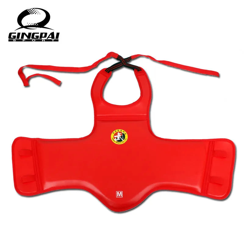 Boxing helmet and chest protector set for fighting training in red, blue, or black