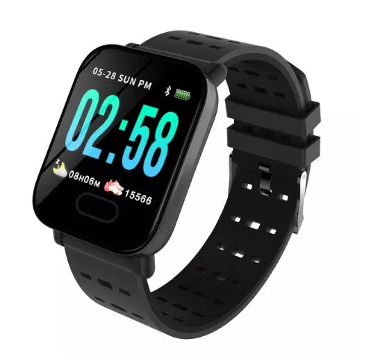 A6 smart bracelet with colour screen and silicone strap shown in black, blue, and orange colour options