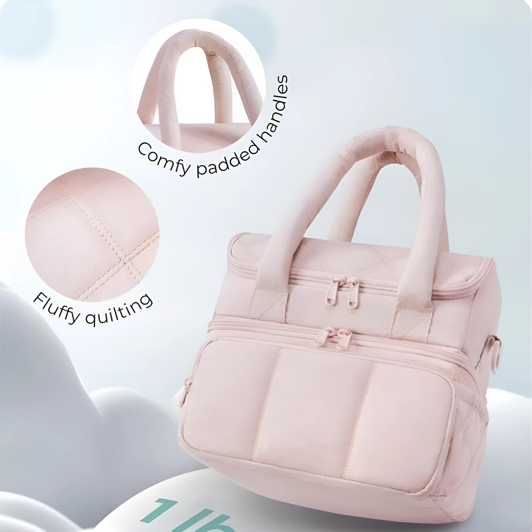 Double-layer insulated quilted pufferfish lunch bag in pink with curved shoulder straps and patchwork details