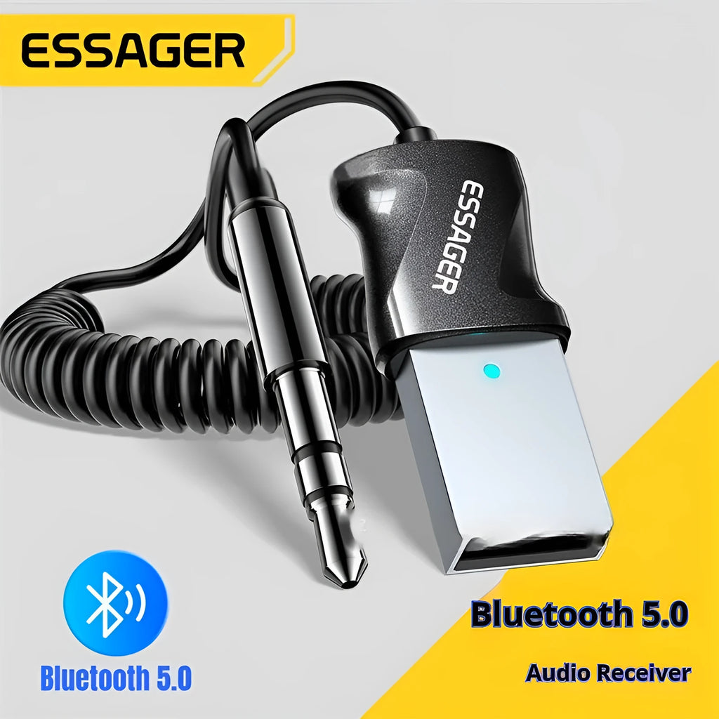 ESSAGER Shadow Arc Bluetooth 5.0 audio receiver with 3.5mm gold-plated plug and stretchable black TPE wire