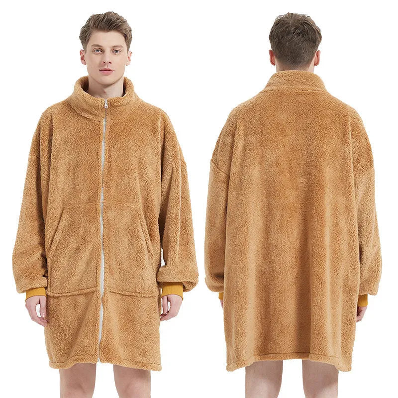 Men's camel polar fleece zipper cardigan nightgown with long sleeves and round neck on a plain background