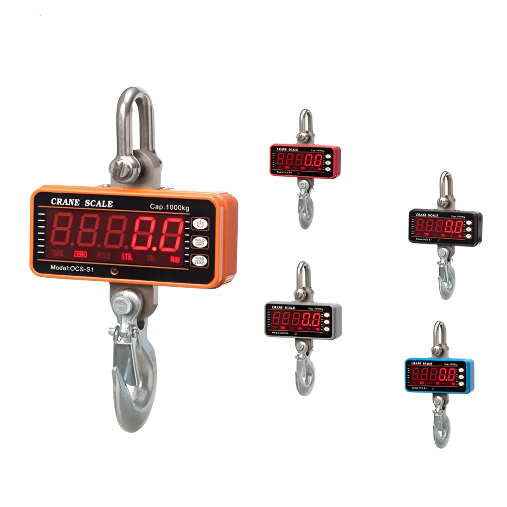Orange electronic crane scale with digital display, shown suspended for industrial weighing.