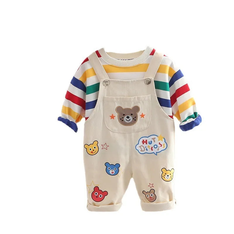 Boys' plaid top overalls suit in yellow and milky white cotton shirt and pants set for heights 80-120cm