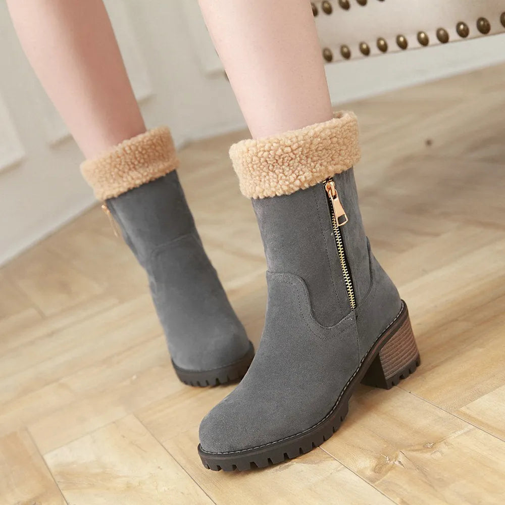Snow boots with a rubber sole and plush lining, shown in black, grey, green, and orange.