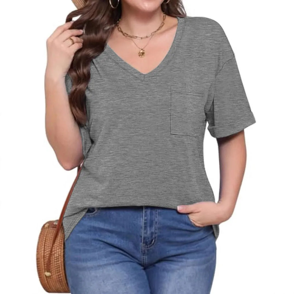 Grey loose casual V-neck T-shirt with chest pocket, short sleeves