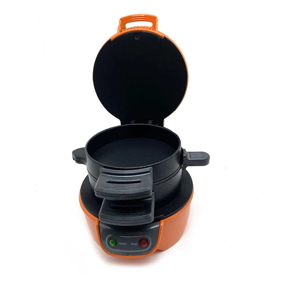 Bright red breakfast machine with egg cooker ring and sandwich plates on kitchen counter