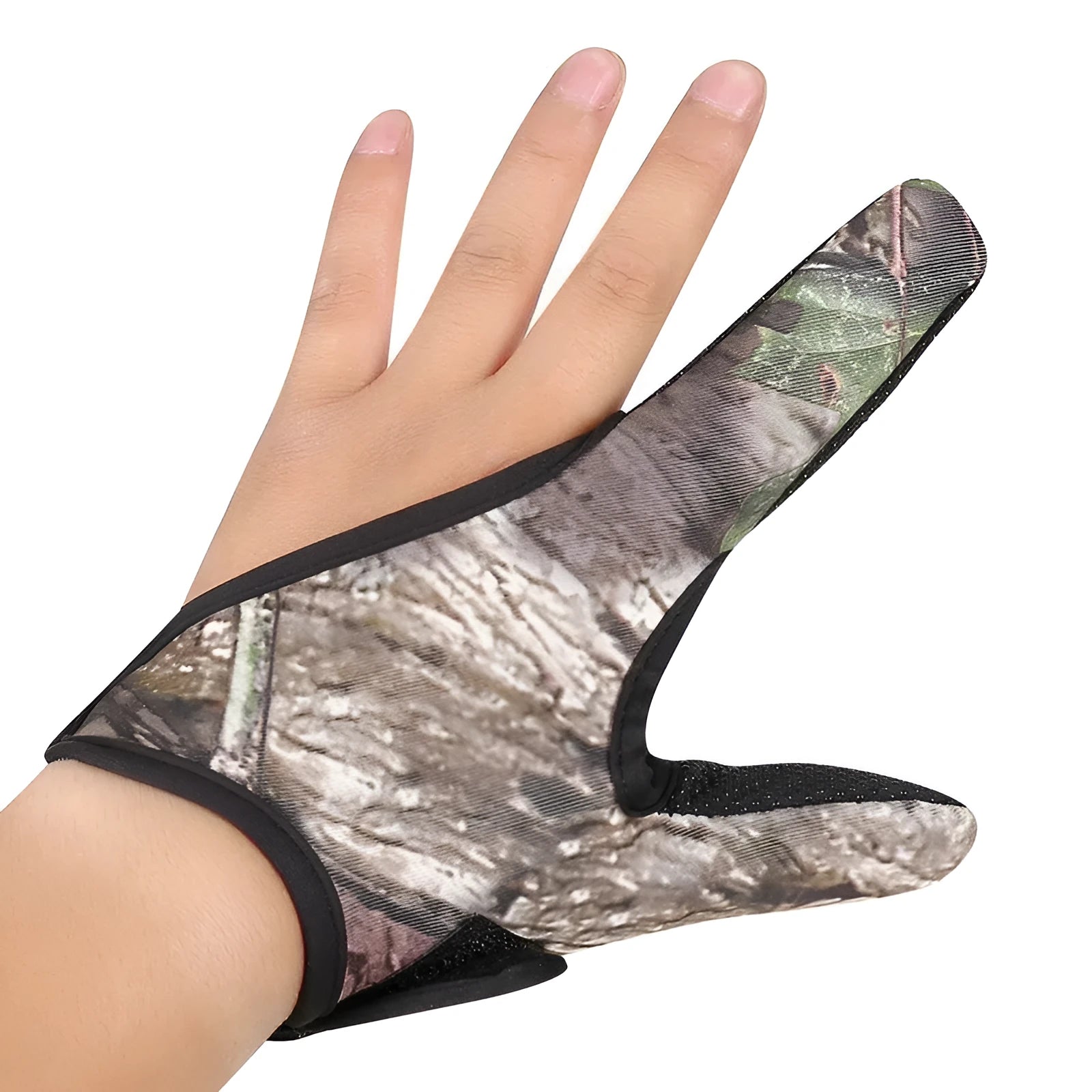 Two finger fishing glove showing diving cloth back and microfiber palm, available in right or left hand colours.