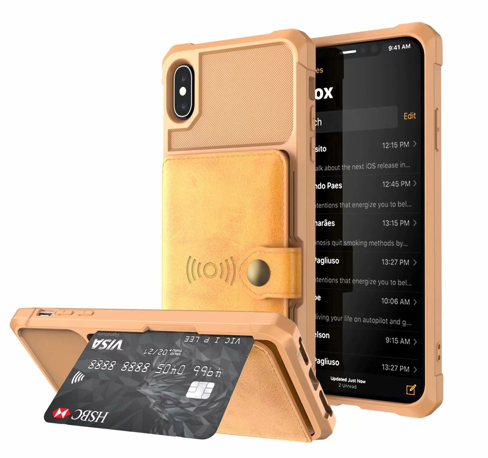 Black PU mobile phone case with a machined geometry pattern on the back, shown next to a gold version.