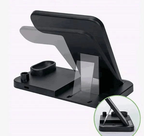 4-in-1 adjustable wireless charging station showing phone, watch, earbuds and pencil charging on a desk.