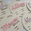 15cm square wooden baby birth announcement plaque with newborn name and information