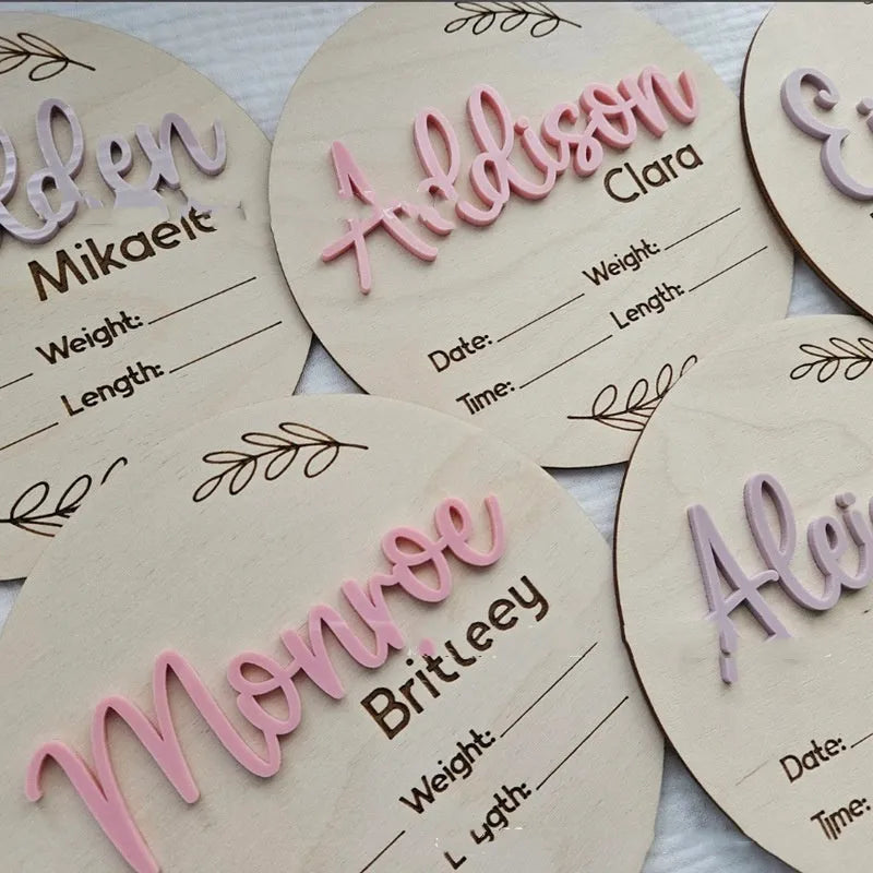 15cm square wooden baby birth announcement plaque with newborn name and information