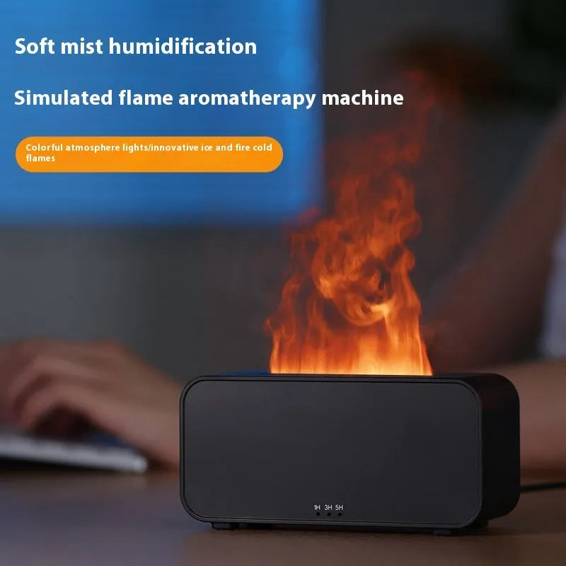 White USB aroma diffuser humidifier with simulated flame and jellyfish smoke ring effects on a table