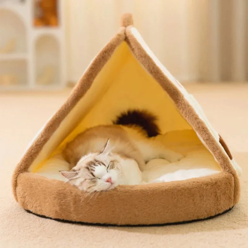 Green winter cat tent cave bed with plush blanket inside, shown in size L.