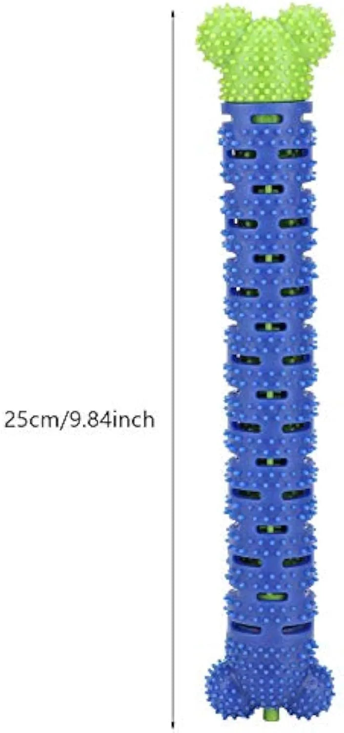 Blue green dog dental cleaning toy stick measuring 25 cm with silicone brush core and massage nodules