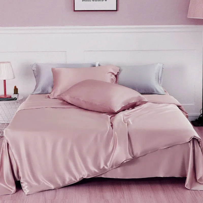 Solid colour silk duvet cover in lotus pink showing double-sided plain weave fabric
