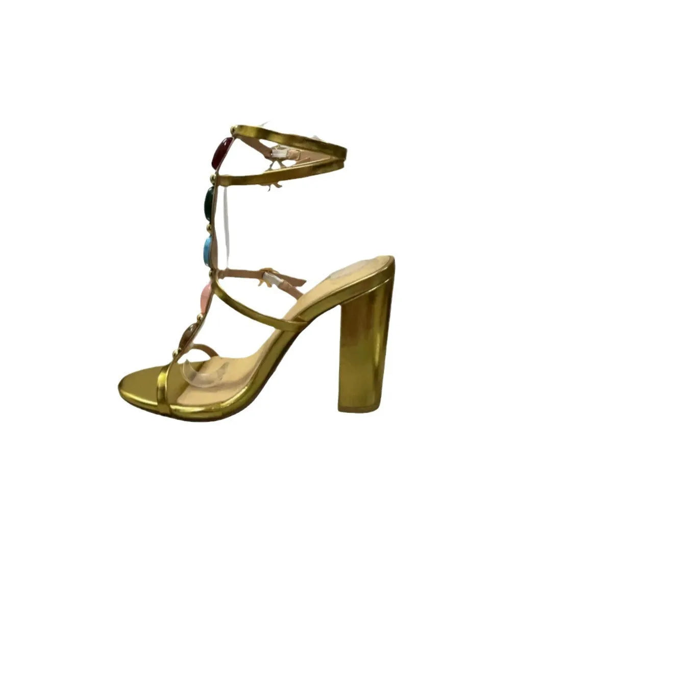 Gold women's open toe Roman sandals with chunky high heel and button closure