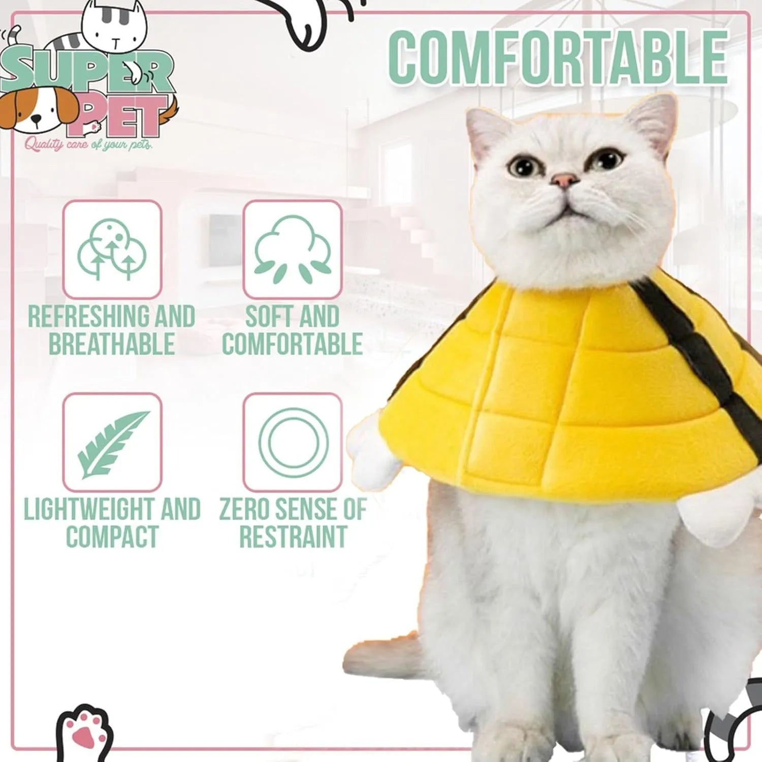 Soft cat cone collar with cute bee design shown on cat