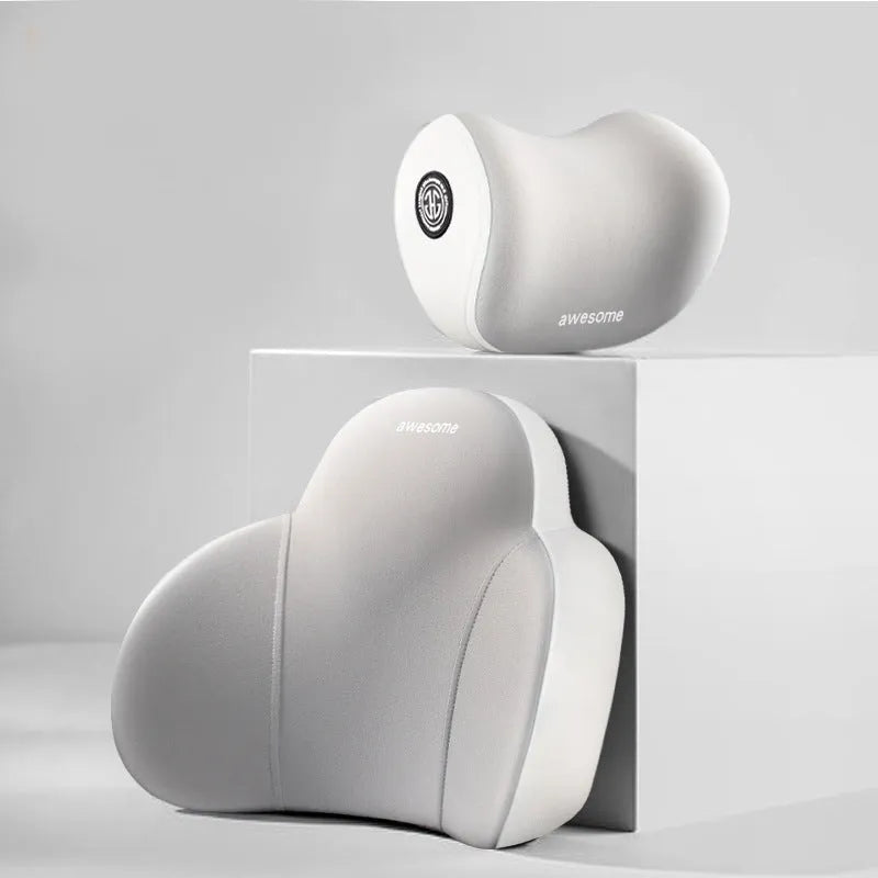 Automotive memory foam headrest and lumbar support pillows with cotton covers in various two-tone colours.