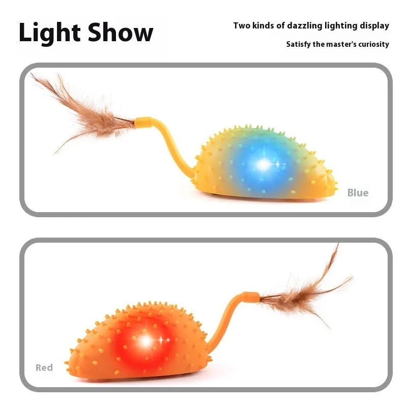 Remote control and USB rechargeable silicone mouse-shaped cat toy with attached feathers, in cyan colour.