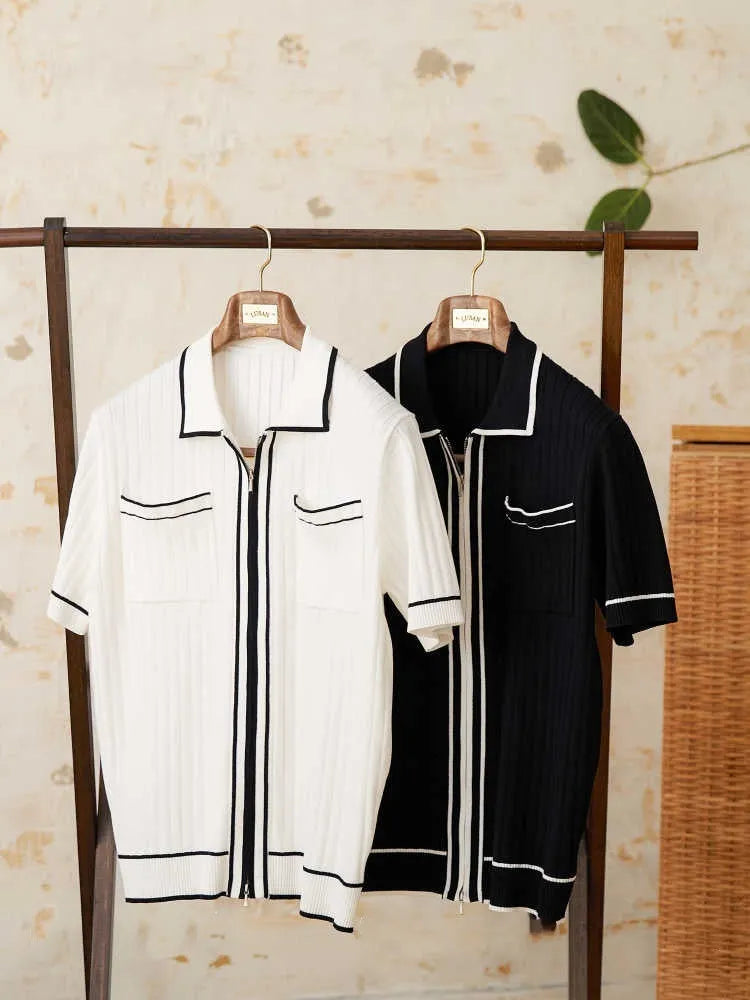 Men's slim-fit short sleeve polo shirt with lapel collar in black or white.