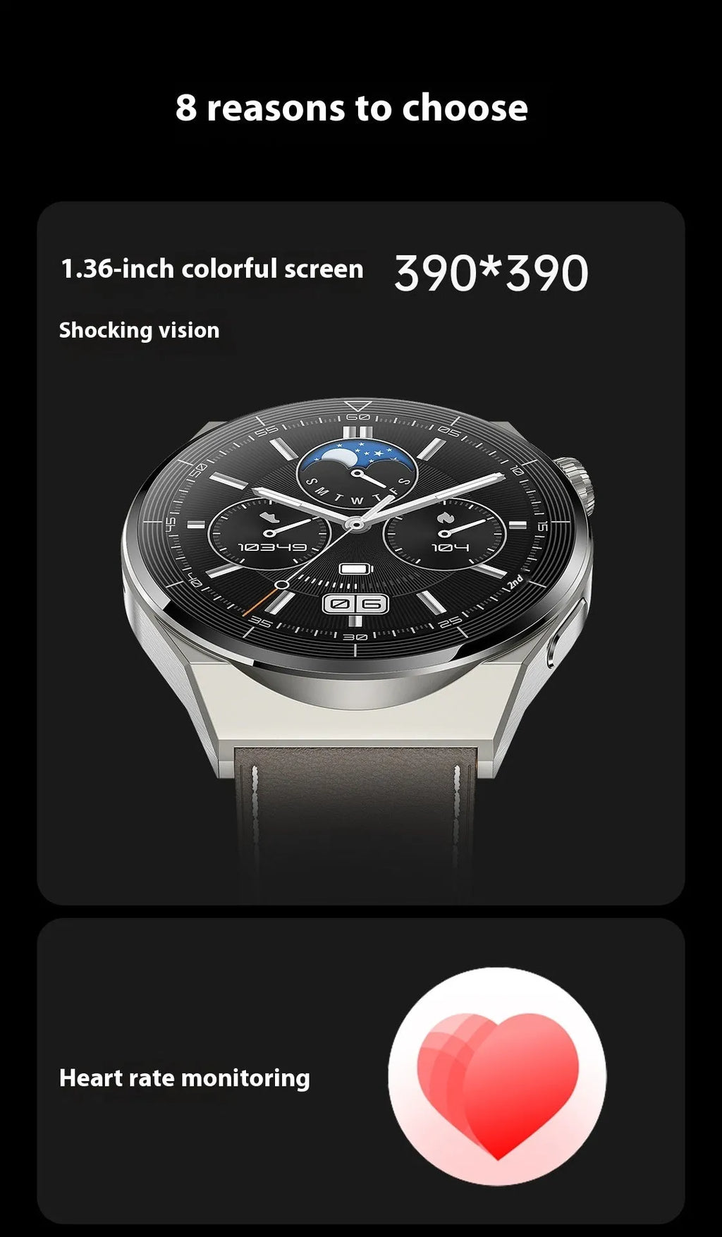 Black silicone strap smartwatch with silver vinyl case showing TFT touchscreen displaying health metrics