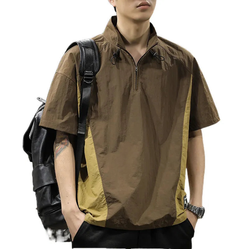 Men's brown ice silk business shirt with half zip stand collar and short sleeves showing loose fit design