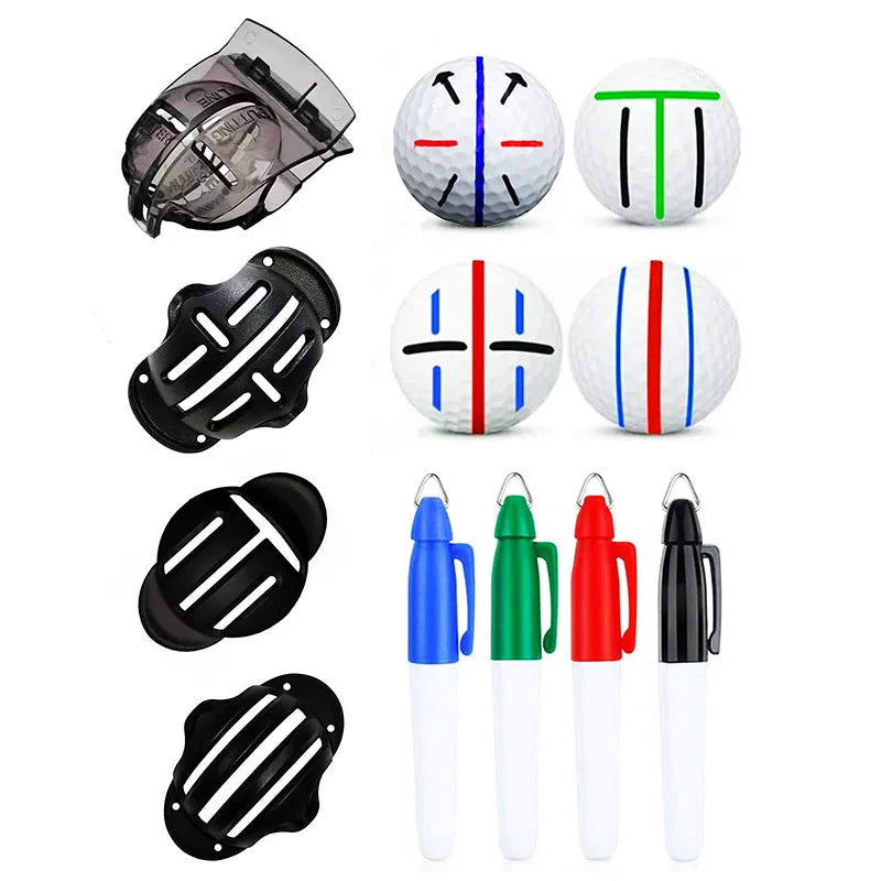 Golf putting alignment tool set with scribers and drawing pens for ball and green marking