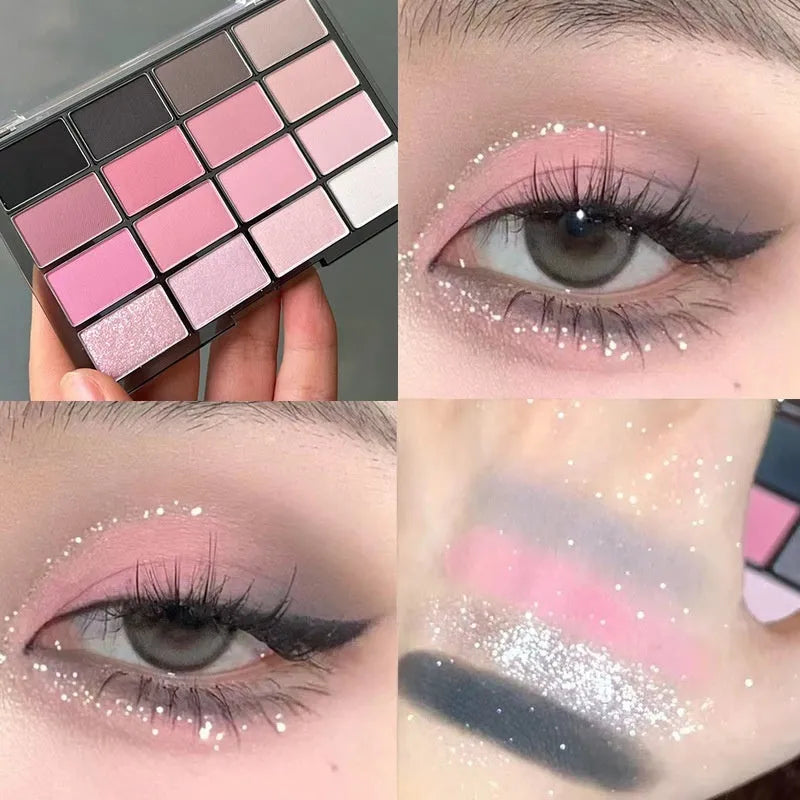Crouching Silkworm 16-colour eyeshadow palette showing pink and brown shimmer and matte shades