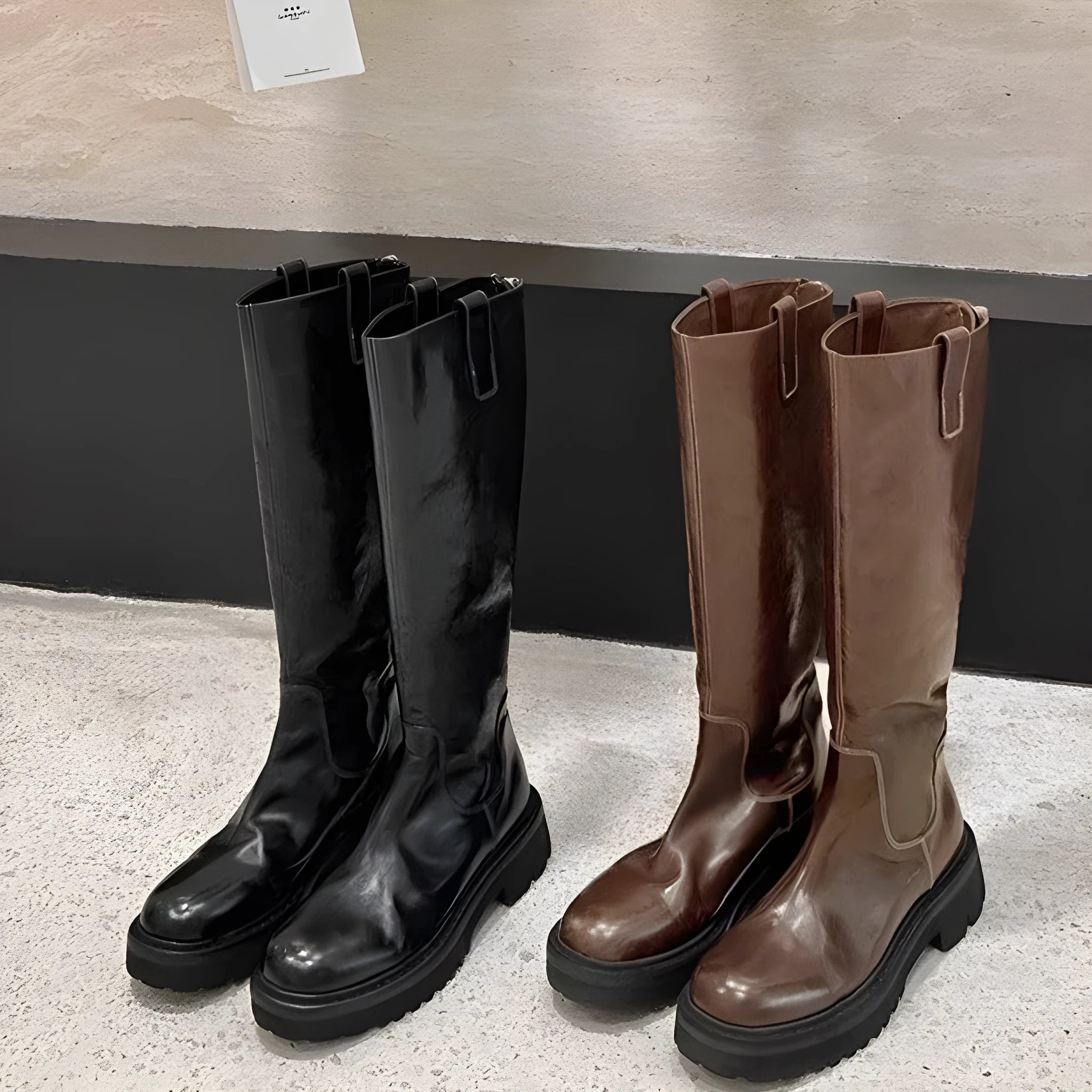 Round toe chunky heel long tube knight boots in black with back zipper closure