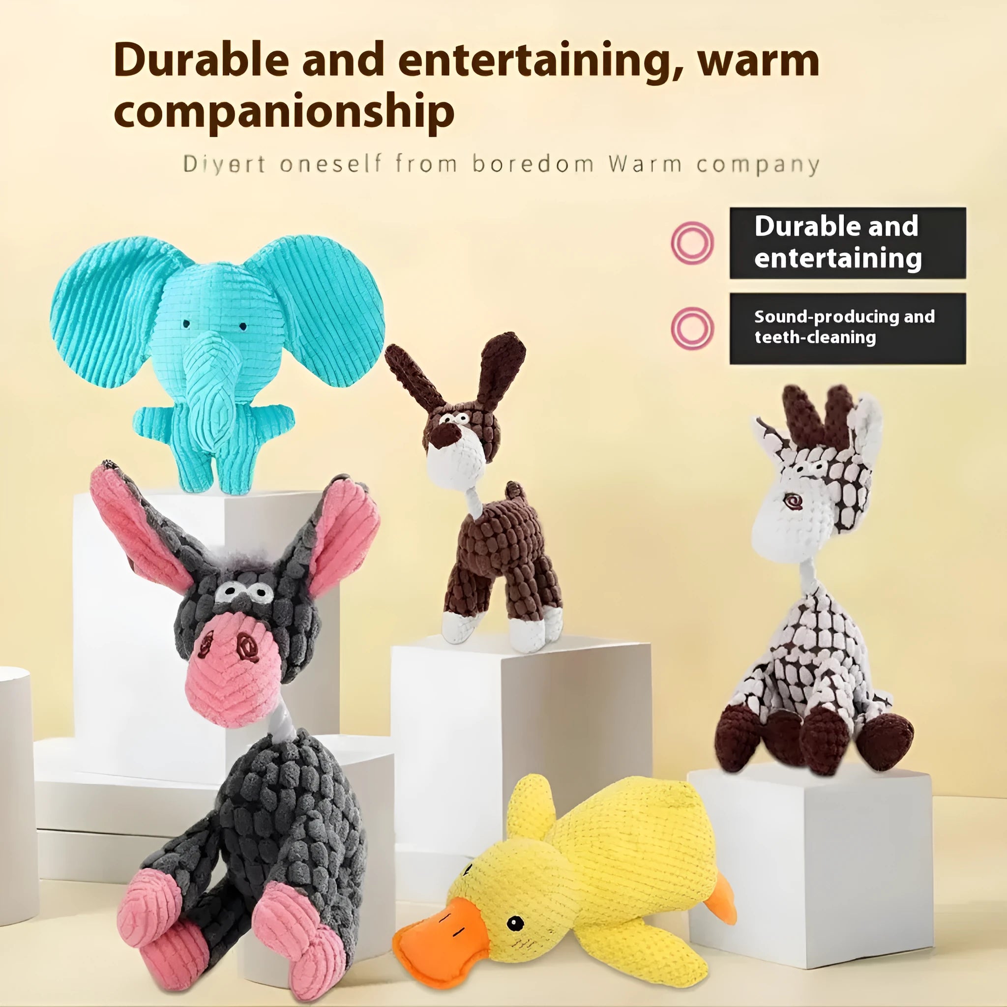 Bite-resistant plush puppy toy showing donkey, rechargeable duck, elephant, and dog styles.