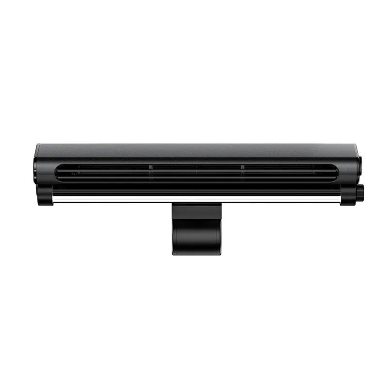 Black USB-powered bladeless fan with a clip, mounted on a laptop screen, showing its integrated light.